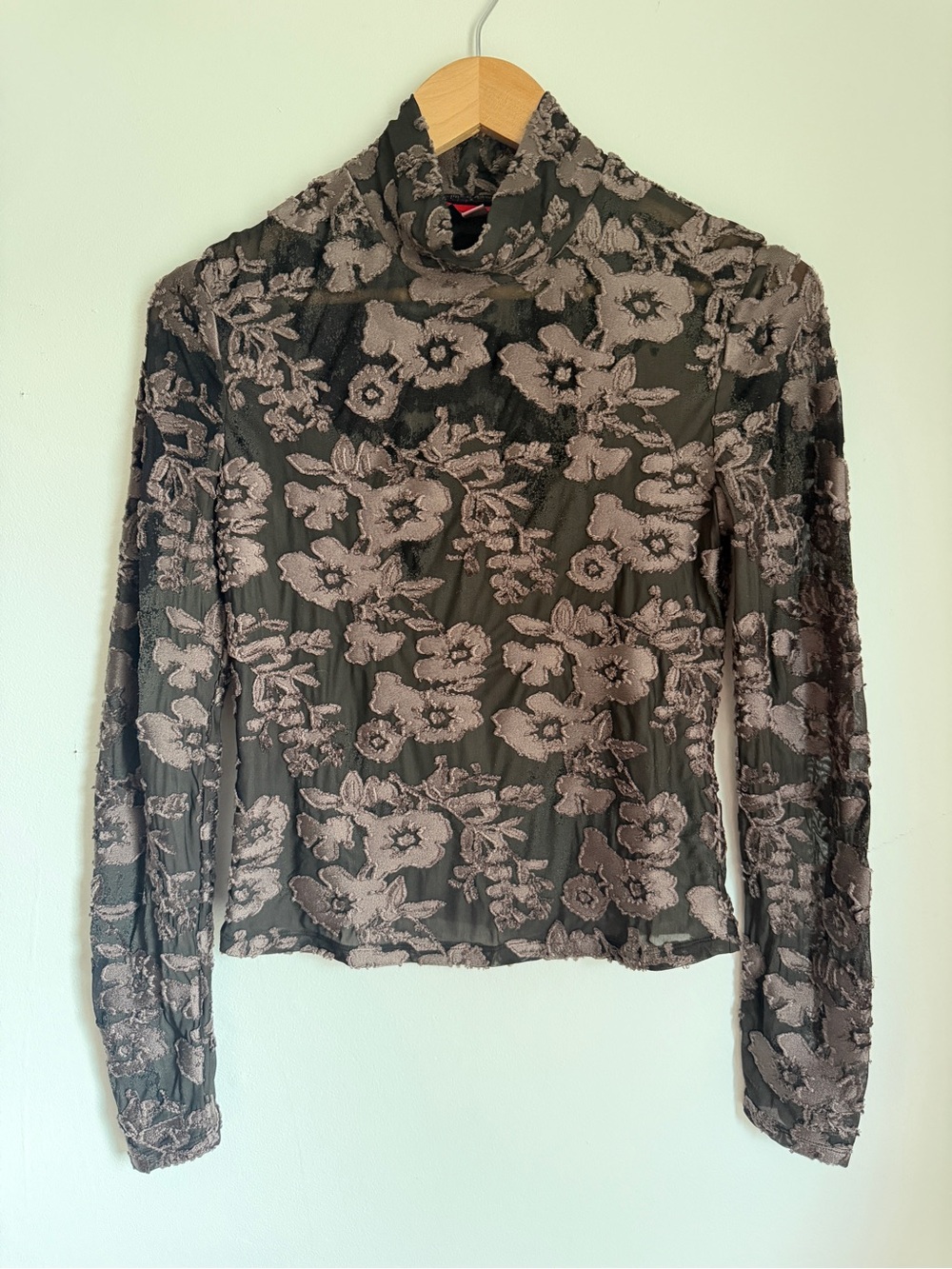 Eckhaus Latta Floral Burnout Mock Neck Long Sleeve Top - Black and Taupe - Picture 1 of 5